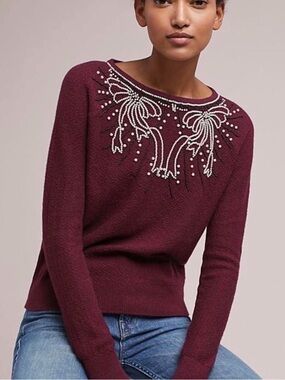 Anthropologie Burgundy Crewneck Sweater with Pearl Embellishment